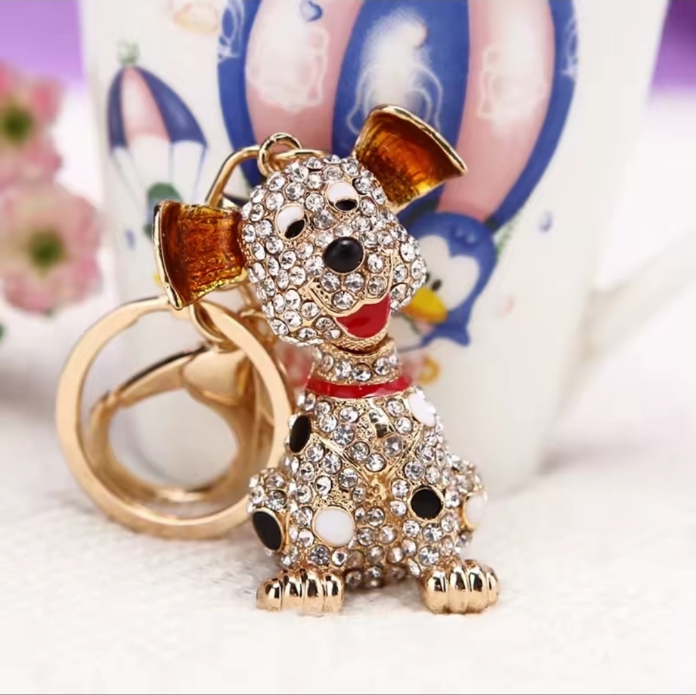 Crystal Dog Keychain with Gold and Red Accents